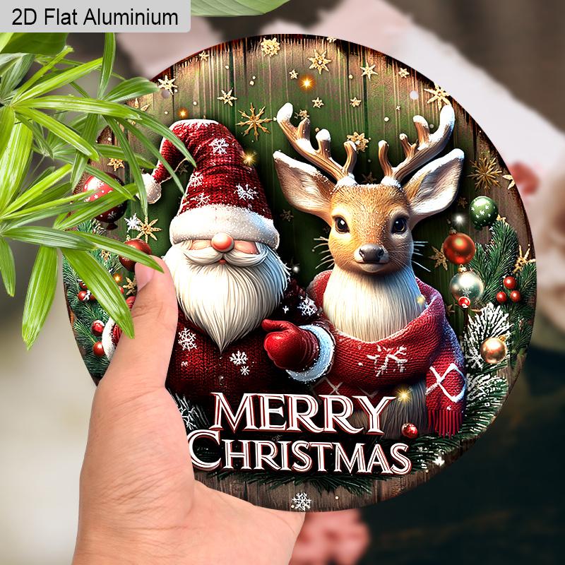 2D Flat Aluminium Christmas Sign with Santa Claus & Elk Pattern - Rustic Figurine Ornaments - Ideal for Front Door, Wall, Porch, Window Decor - Ideal
