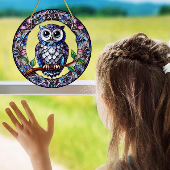 Owl Ornament Stained Glass Blue Green Sun Catcher Enchanting Birds
