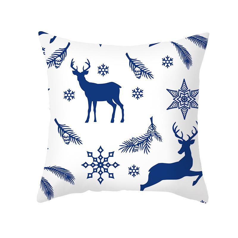 Blue Christmas Cushion Cover Merry  Elk Snowflake Print Pillowcase Sofa Ornament Home Decoration New Year Gift 45x45cm
