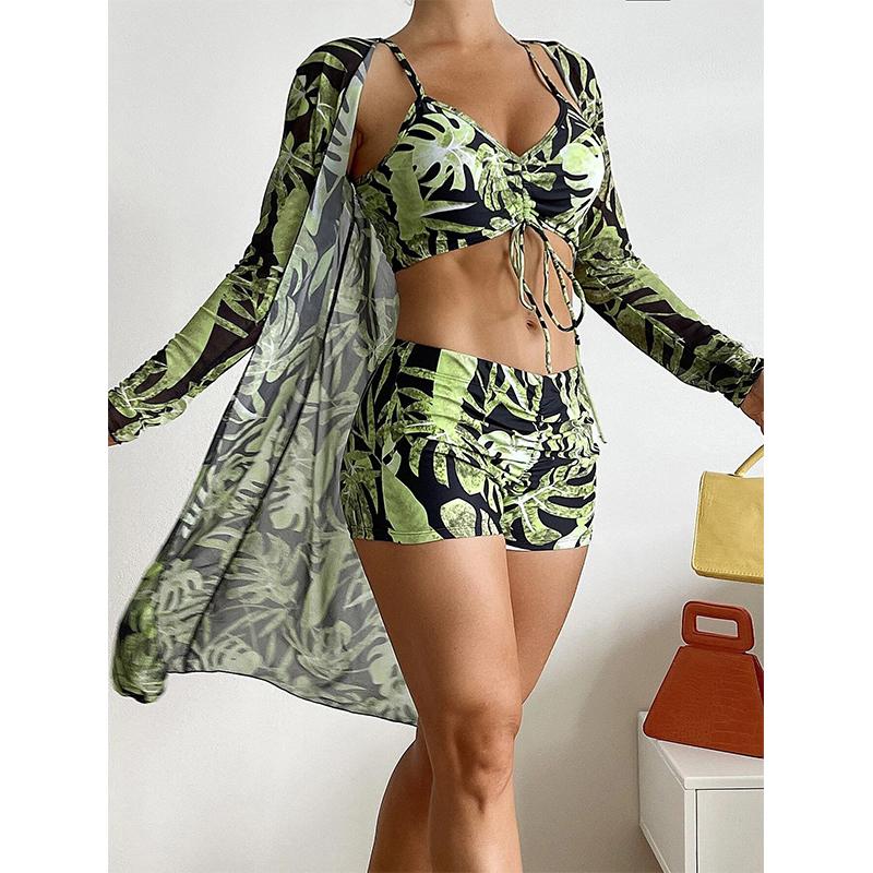 Women Swimsuit High Waist Bikini Set Three Pieces Women Sexy Long Sleeve Cover Up Swimsuit Beach Bathing Suits Swimwear