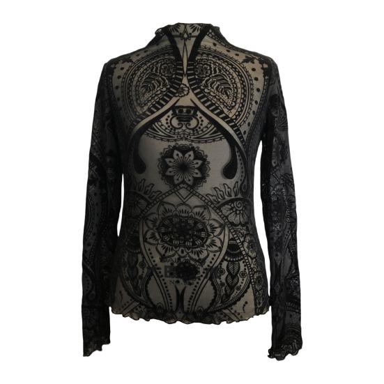 Женские топы с круглым вырезом и длинным рукавом, облегающие, весна-осень, пуловеры, топы, прозрачные, с геометрическим узором, кружевные, цветочные, сетчатые футболки