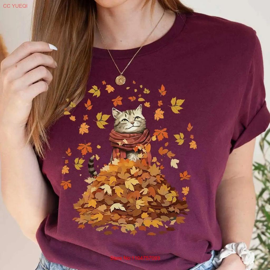 Fall Cat T Shirt Lovers Cats Autumn Mom S Cool Halloween Leaves Vintage Streetwear Homme Comfortable Stretched Graphic
