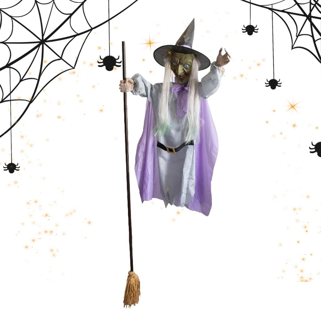 Летающая ведьма Хэллоуин Декор на метле со светящимися глазами Парящая ведьма реквизит украшение Летающая метла Ведьма Жуткий декор