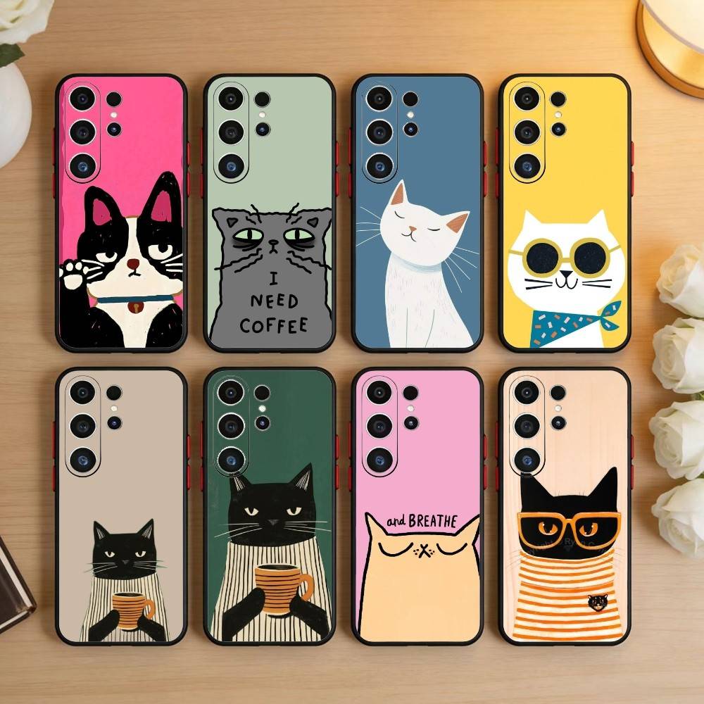 Полосатая рубашка Кофе Кот Чехол для телефона Для Samsung S26,S25,S24,S23,S22,S21,S20,Ultra,Plus,FE Черный Мягкий чехол
