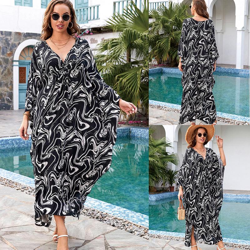 European & American Cotton Print Plus Size Loose Beach Dress Cover-Up for Women
