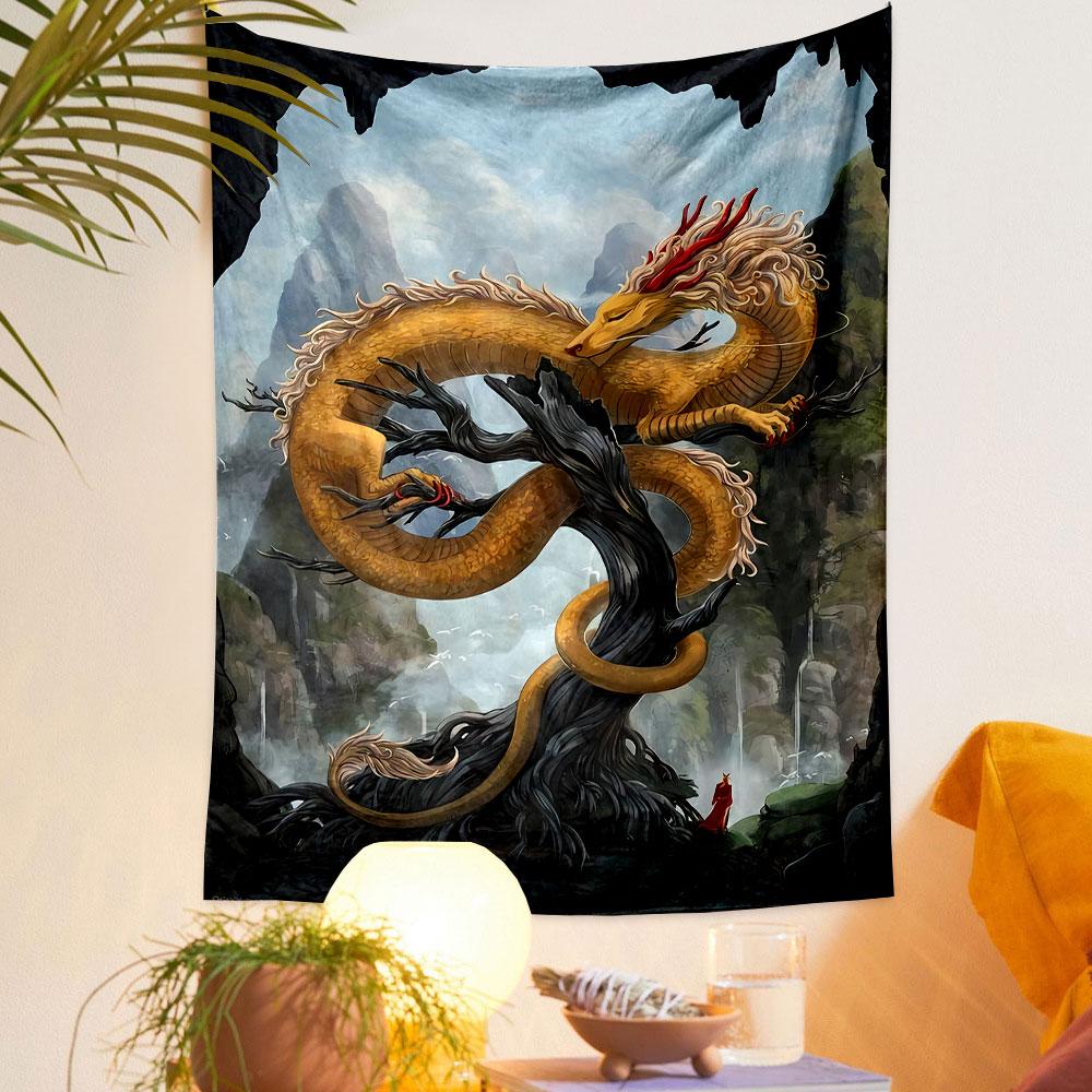 A golden dragon entwines a gnarled tree in a mountainous landscape. Patterned tapestry for bedroom and living room home decor
