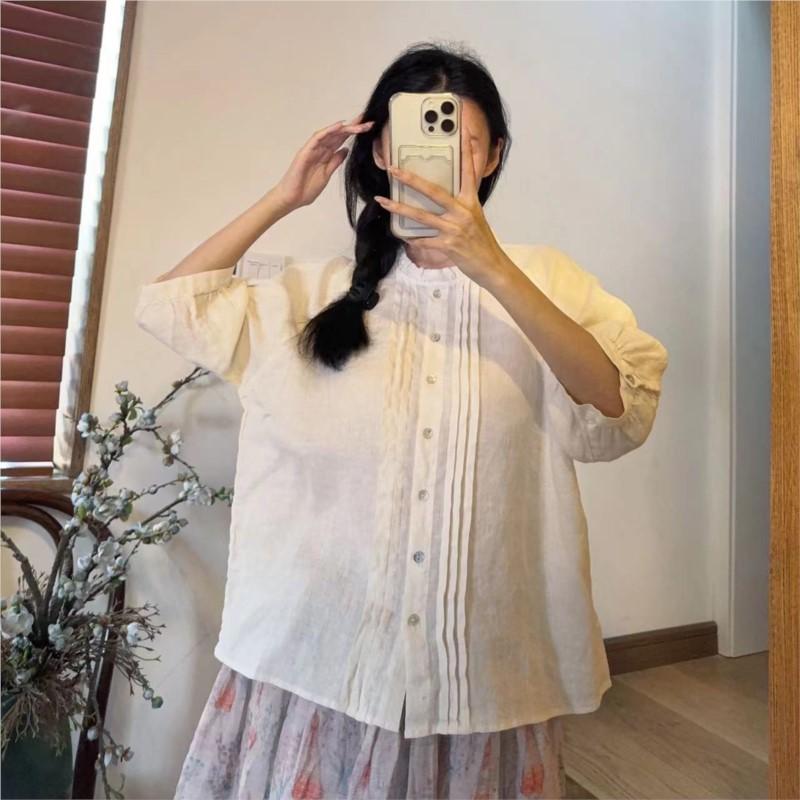 Johnature Летние рубашки, повседневные винтажные рубашки с оборками, простые свободные однотонные плиссированные универсальные женские блузки