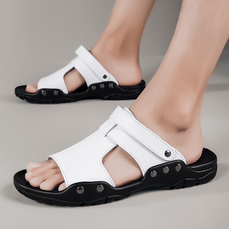 2024 Лето Новые Мужские Универсальные Модные Повседневные Кожаные Туфли Сандалии Простые Удобные Нескользящие Пляжные Туфли
