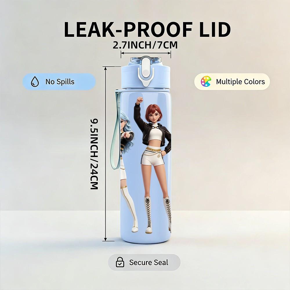 1PC Three Chibi Female Band Members 750ml Color Plastic Sports Water Bottle Leakproof Flip Straw Lid For Sports Office Home Use