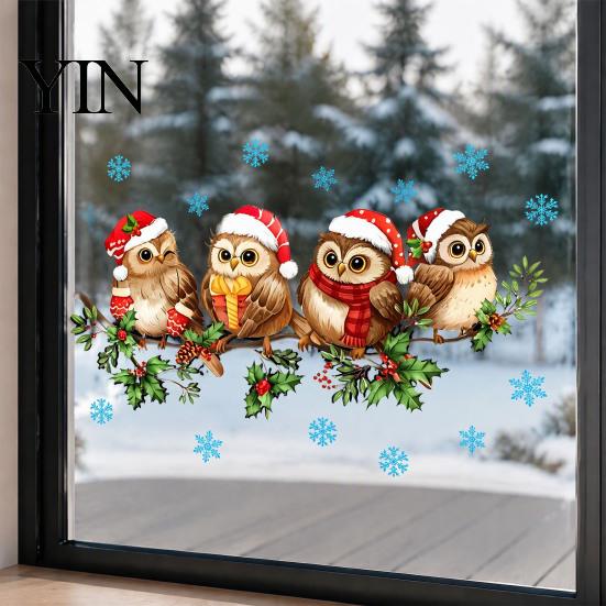Window Glass Art 1/2 Sheets Christmas Cartoon Owl Cling, Standing on Branch Bird Theme Stickers Static Sticker, Removable Waterproof Decal,