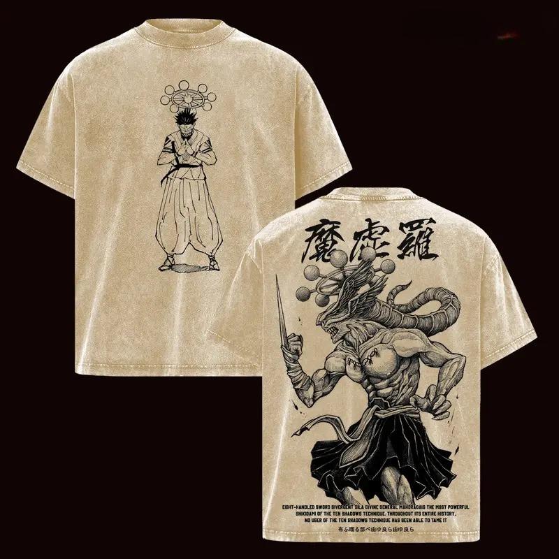 Горячий Аниме Jujutsu Kaisen Рёмен Сукуна Махорага Одежда Мужские Футболки Хлопковая Футболка с Эффектом Стирки Ретро Оверсайз Футболка Харадзюку Футболка