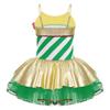 Girls Adjustable Straps Cami Dress Stripes Print Sequins Bowknot Mesh Tutu Dress Dance Jumpsuit Costume