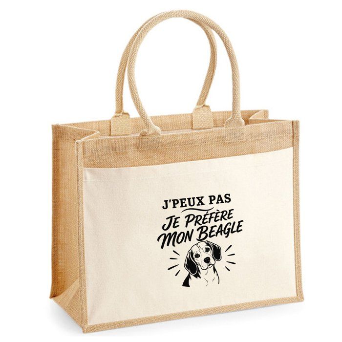 Sac cabas jute - PLANETEE - Collection « J'peux pas minimaliste » - Motif Beagle - Toile de jute et coton - 43×33×21 cm 21 L