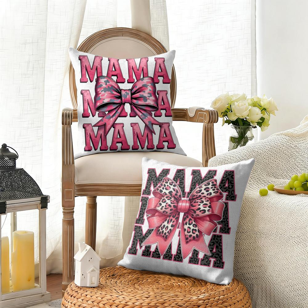 Leopard print with bow mama Cushion Cover Natural Linen Organic Fabric DoubleSided Printing Sofa Home Decor Gift Pillow Cover