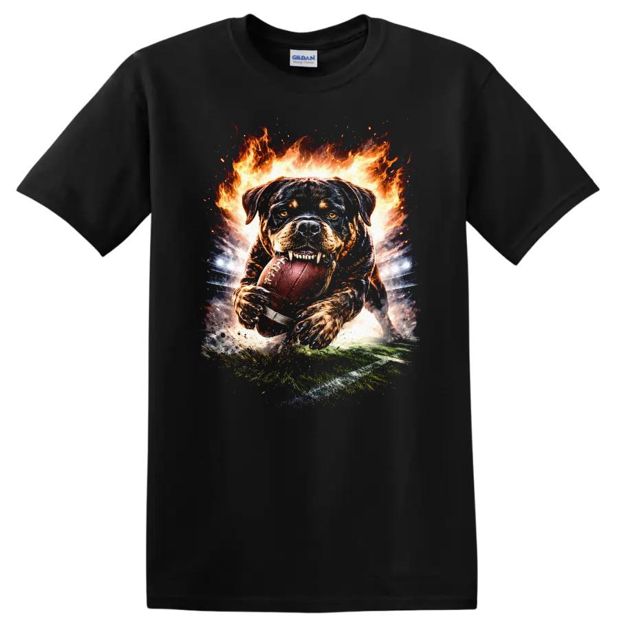 Rottweiler Dog Playing Football Fire Graphic T Shirt Cool Sport Tee