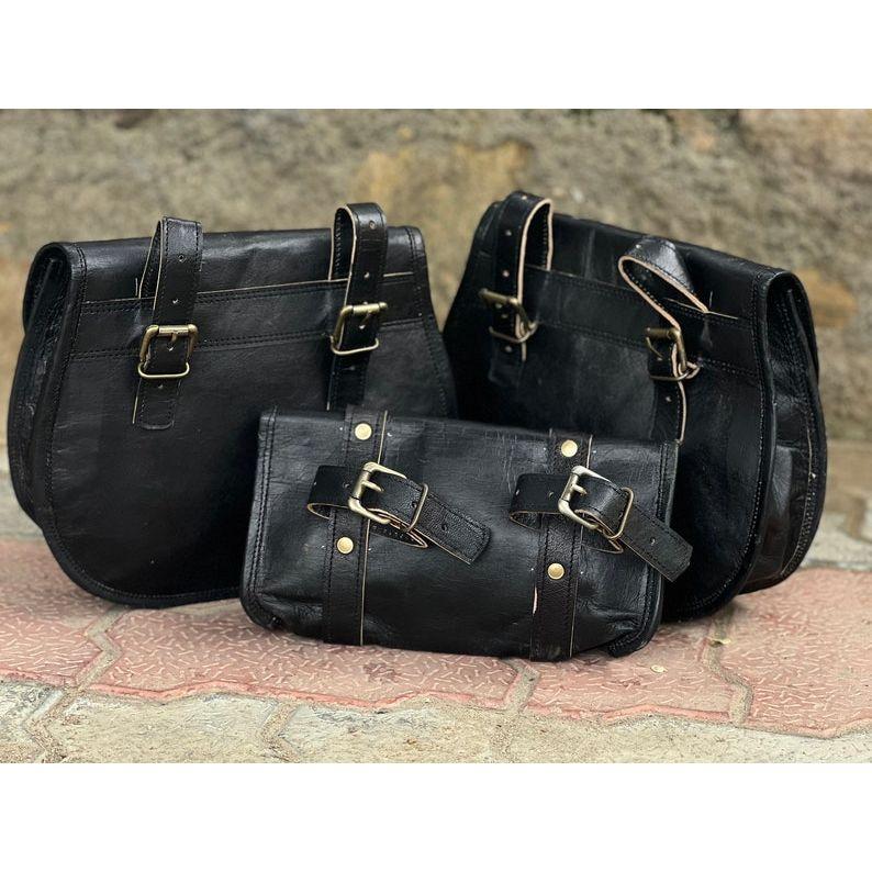 Кожаные седельные сумки, сумка для мотоцикла, черный комплект, три сумки, кофры, седельные сумки для спортивных комментаторов, набор из трех сумок