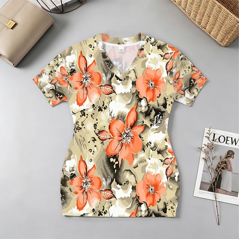 Women's Short Sleeve Floral Bodycon Dress, Sweet & Cool Vibe, Soft Comfy Fabric, Fashionable Design for Beach Vacation & Afternoon Tea