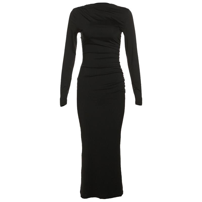 New Autumn and Winter Women's Fashion Round Neck Long Sleeve Slim Fit Hip Solid Color Temperament Dress