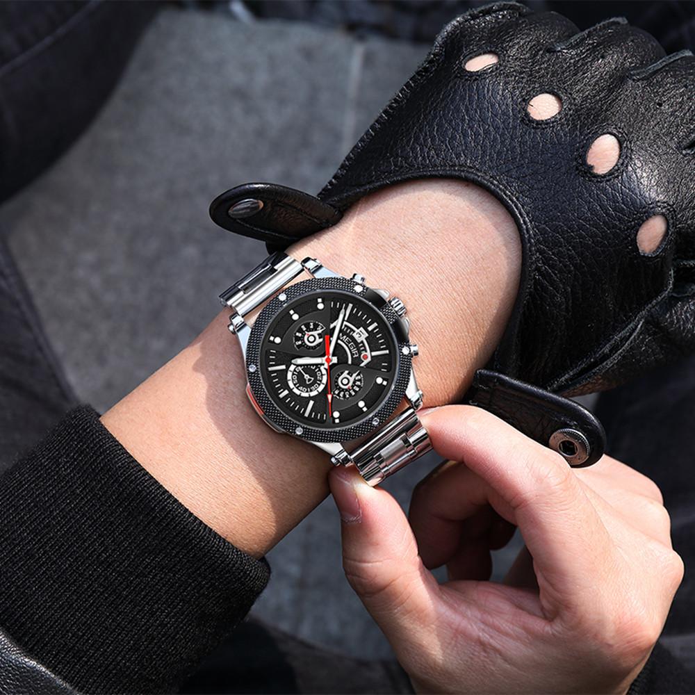 Megir Деловые кварцевые наручные часы с хронографом для мужчин с ремешком из нержавеющей стали и запасным силиконовым ремешком со светящимися стрелками с автоматической датой