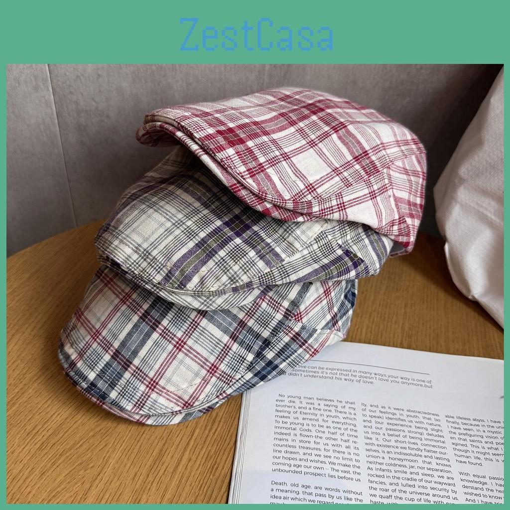 Women Grid Summer Beret Hat Short Brim Cotton Blend Material Sun Sunlight Block
