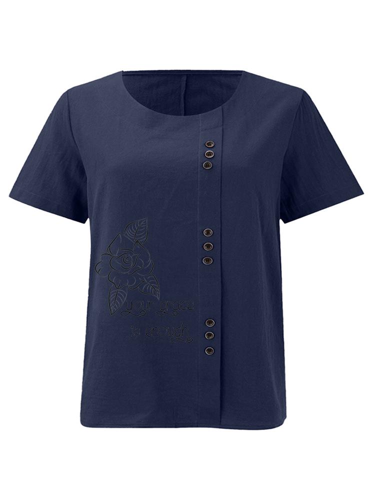 Women's Fashion Black Line Floral Letters Print Shot Sleeve T-shirt Loose Cotton Shirt Casual Loose Summer Blouse Tops Plus Size