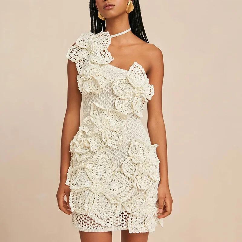 Knitted 3D Flowers Single Shoulder Women Mini Dress Slim Halter Beach Summer Holiday Female Short Robes