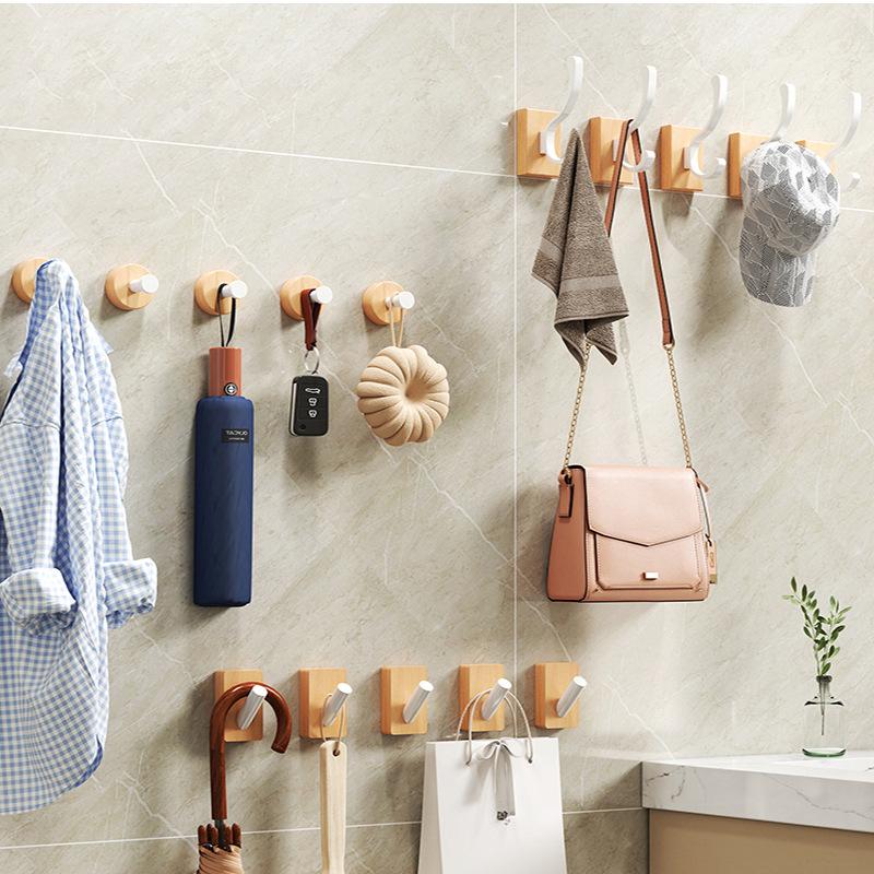 Wall Wood Hook Self-adhesive Round Key Coat Towel Hook Hanger for Bathroom Kitchen Accessories Room Decor Hook Storage Organizat