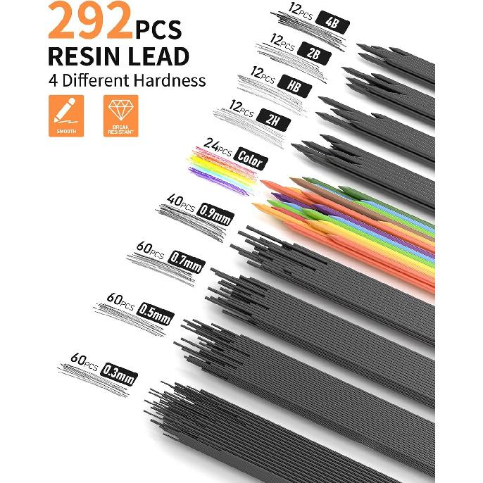 21PCS Metal Mechanical Pencil Set, Art Lead Pencil 0.3, 0.5, 0.7, 0.9, 2mm Holder(HB 2H 2B 4B Color) with 10 Tubes Graphite Lead Refills Eraser with