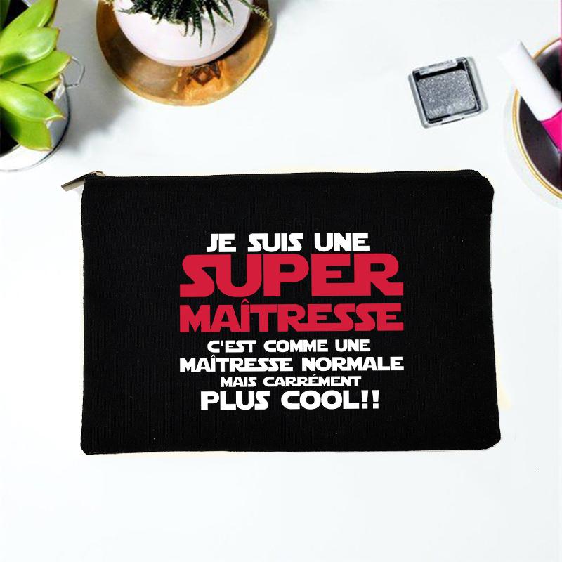 Teacher Superpower French Letter Print Women Cosmetic Bag Canvas Zipper Makeup Pouch Purse Organizer Pencil Bags Toiletry Bag