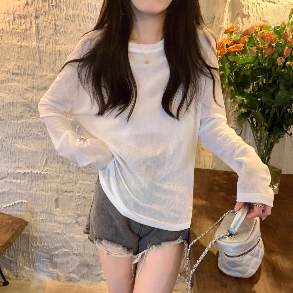 Женская прозрачная желтая футболка с длинными рукавами и солнцезащитным кремом — простая, свободная, с круглым вырезом