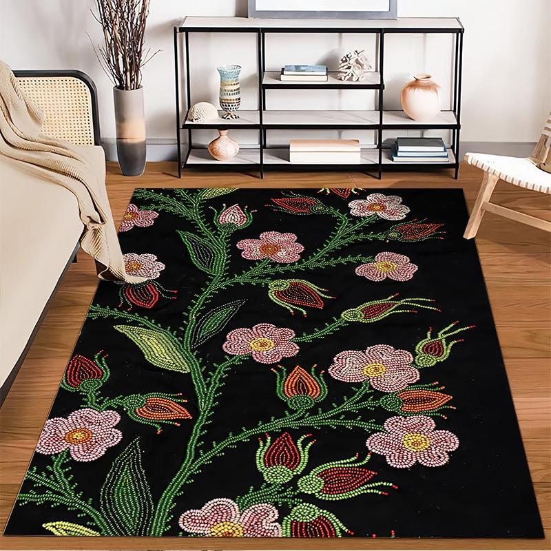Colorful Floral Carpet with Dot Art Design on Black Background Suitable for use as an anti-slip for living room bedroom sofas