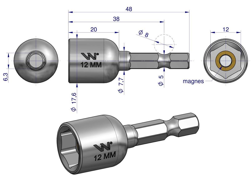 Farmer' socket, 12mm for CrV steel screwdriver tool holder, length 48mm, Waryński