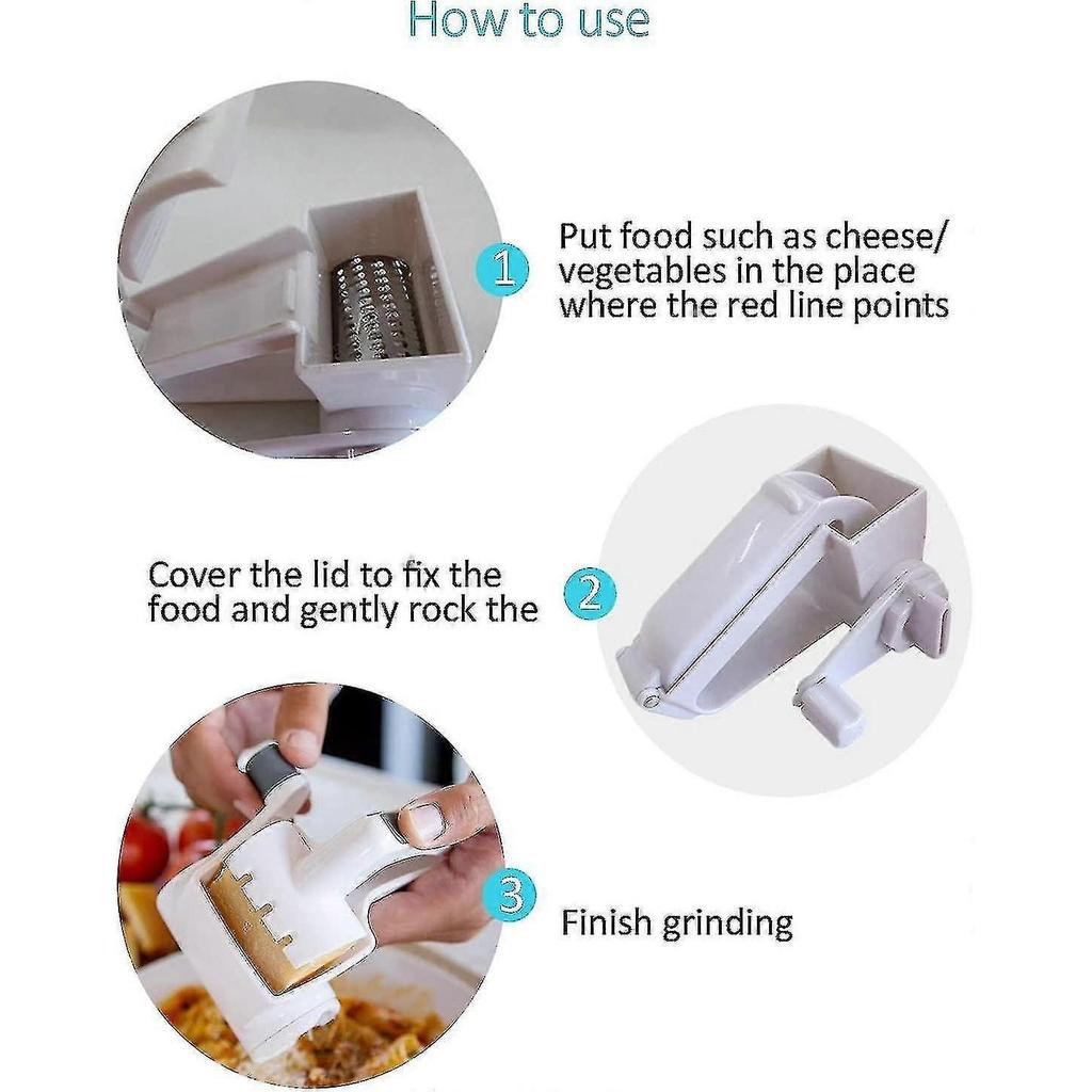 Multipurpose Rotary Cheese Grater Handheld Parmesan Hard Cheese Shredder Slicer Grinder With Stainless Steel Drums, White - Ri less