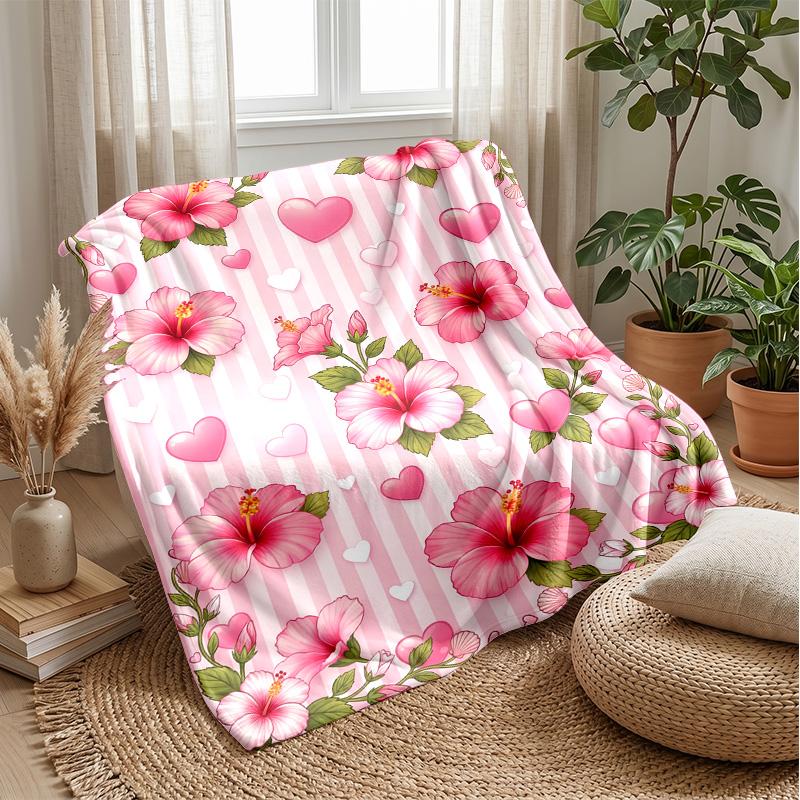 Pink Hibiscus Hearts Pattern Theme blanket Lightweight Warm Flannel Blanket Decorative Throw Blanket for Home Decoration