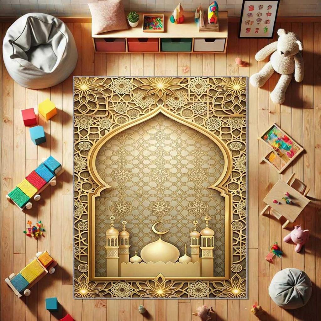 Prayer Rug Islamic Muslim Worship Floor Mat Gold Mihrab Arch Pattern Educational Prayer Carpet for  Home Gift