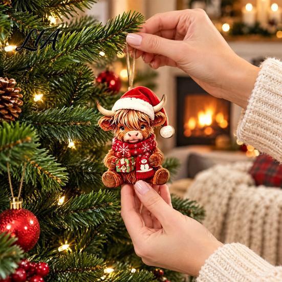 Healing Atmosphere Hanging Ornaments Highland Cow Christmas Ornament Set, 2D Flat Wooden Cute Farm Animal Holiday Decor with String, Tree Party