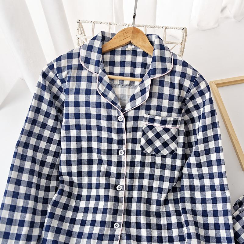 Couple pajamas men's and women's classic plaid autumn Japanese unprinted style quality pure cotton long sleeves  loungewear