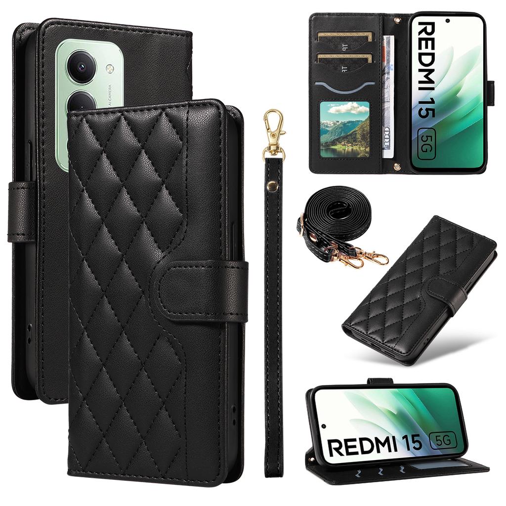 Для Xiaomi Redmi 15 5G (Глобальный) (169 мм) Чехол-кошелек Ромбовидный кожаный чехол для телефона с ремешком