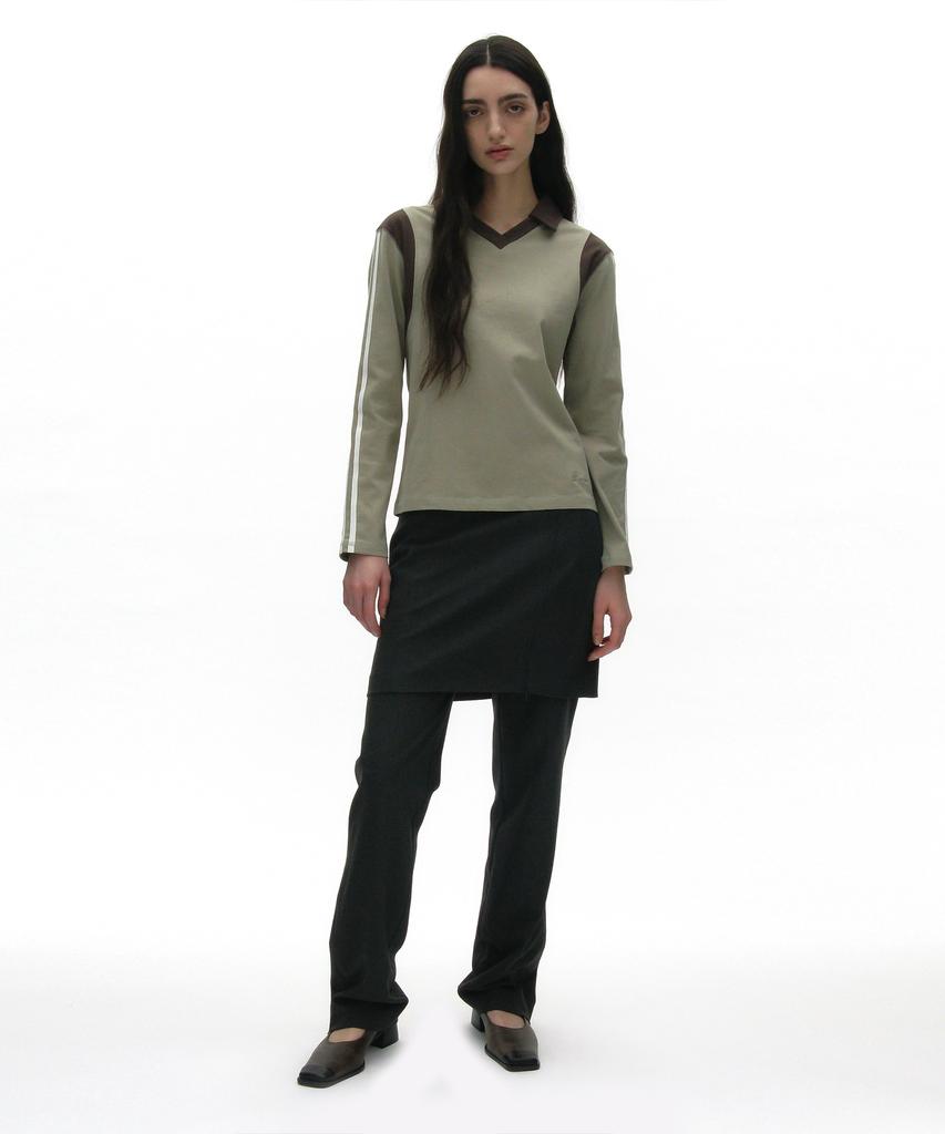 PARTIMENTO WOMEN Striped Colorblock Polo Tee_Light Khaki