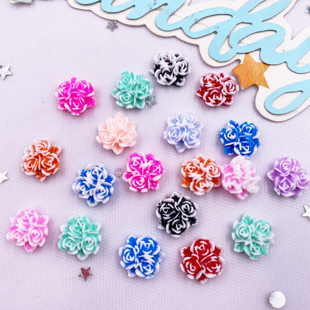 50pcs Mix Resin Mini Colorful Three Leaf Rose Flat Back Flower Figurines Nail Art DIY Wedding Scrapbook Crafts Accessories Decor