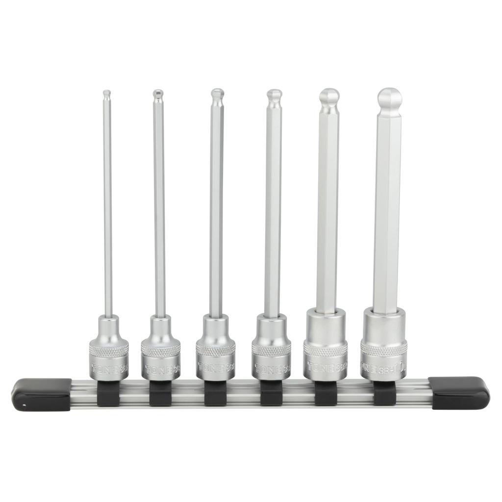 TONE Long Ball Point Hexagonal Socket Set Includes 6 Pieces (with Holder), HBH306L, 9.5mm (3/8") Drive,