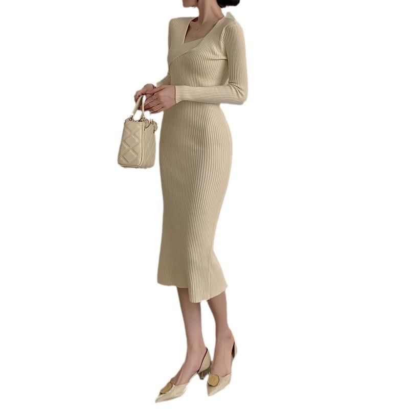 Нежный темперамент, мягкое трикотажное платье, осенне-зимняя женская одежда, облегающее шерстяное платье с V-образным вырезом и облегающим бедрами