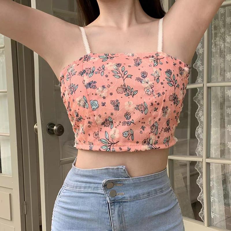Милый женский укороченный топ на бретельках с цветочным принтом, тонкий уличный стиль