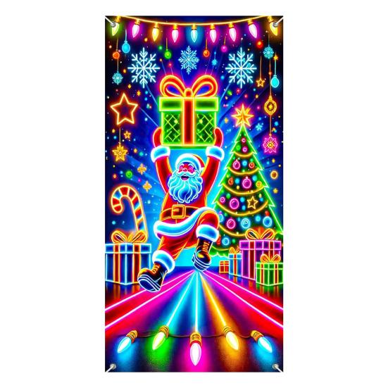 Fluorescent Christmas Door Cover 71x35 Inch Glow In The Dark Door Banner with Santa Tree Gift Box for Winter Front Door Party Wall Decor