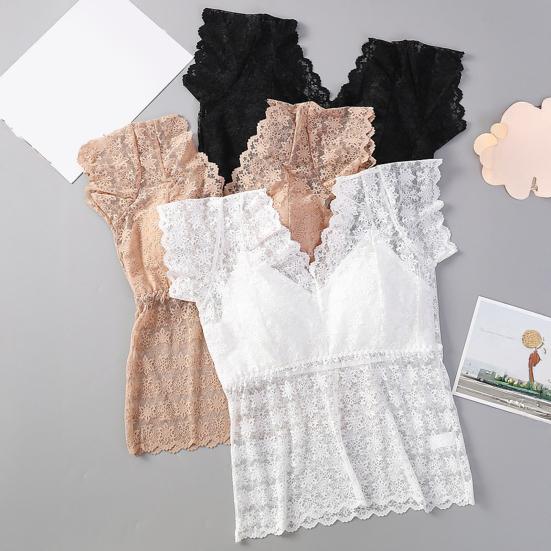 Women Lace Top Mesh Sheer Short Sleeve V Neck Undershirt with Padded Bra Floral Lace Tank Top Summer Casual Basic Shirt