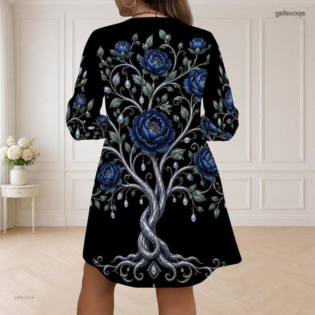 Women Plus Size V Neck Long Sleeve Black Gold Printed Loose Curved Hem Dress