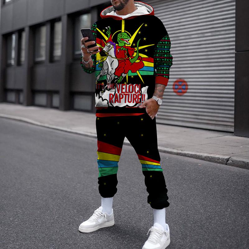 Зимний рождественский комплект с капюшоном для мужчин и женщин, уличная одежда, повседневный пуловер, свободный спортивный костюм для бега, толстовки с 3D принтом + длинные брюки
