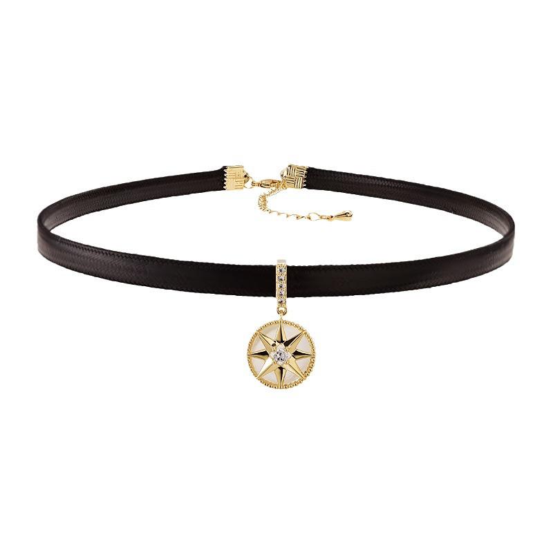 Korean Choker Compass Necklace for Women - Black Leather Collar Choker Necklace
