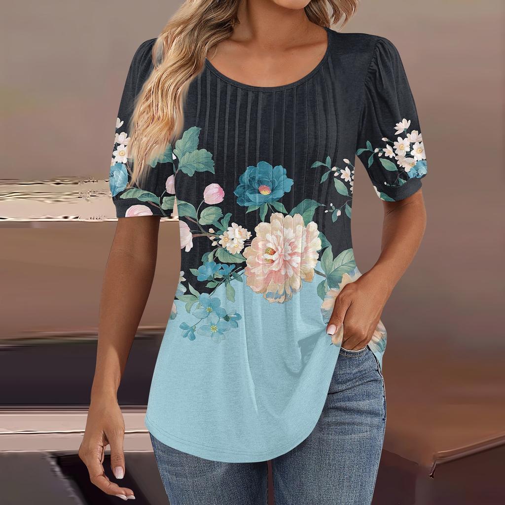 Женские пышные туники с короткими рукавами, топы, плиссированные блузки с воротником, повседневные свободные весенне-летние футболки