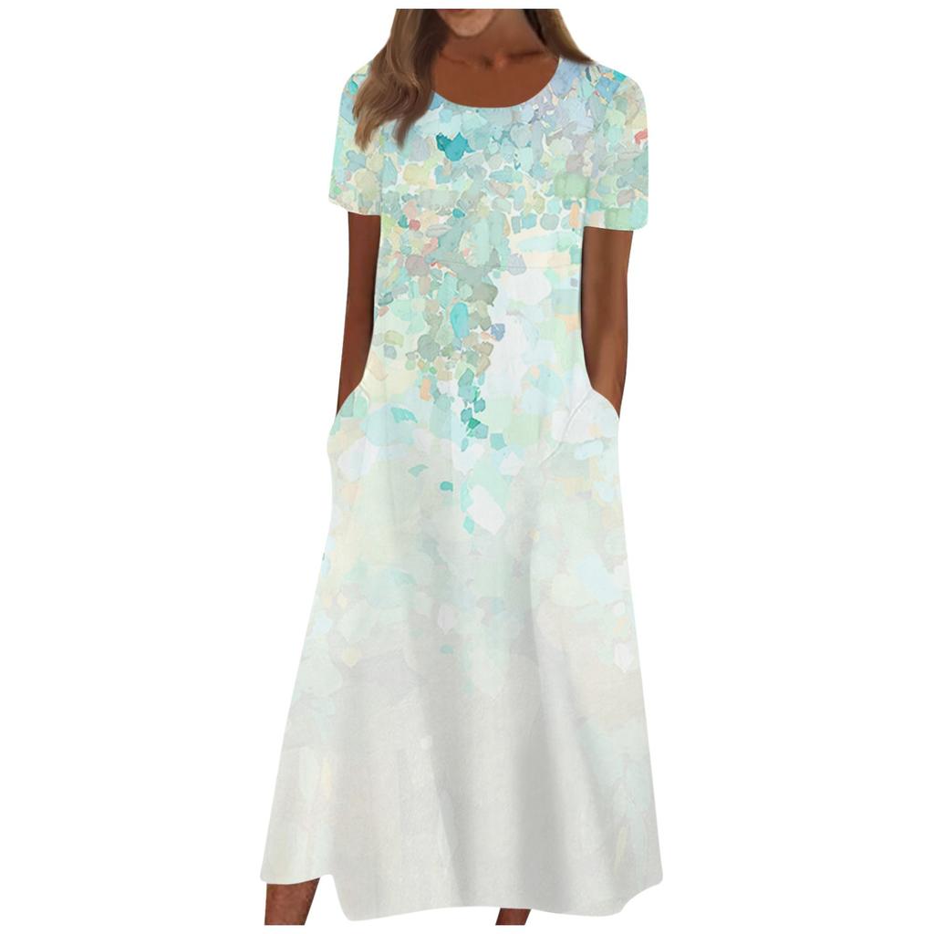 Women's Summer Casual Fashion Floral Print Short Sleeve Round Neck Pocket Dress